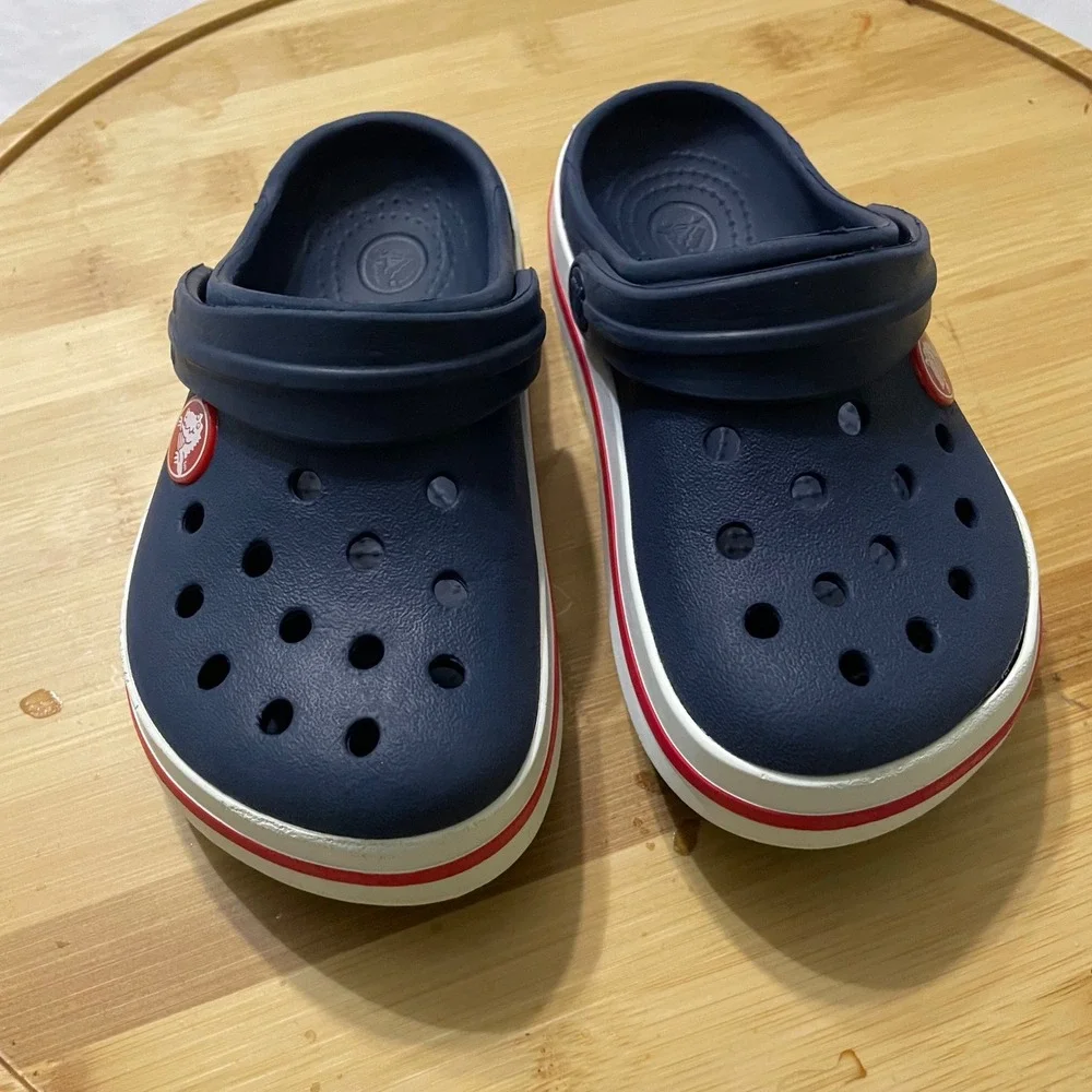 Crocs Clogs Kids‎ Size 8-9 Navy Blue Crocband Sporty Racing Stripe Slip On Shoes
